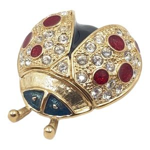 Ladybug Brooch Roman Gold Tone White Rhinestones Red Green Black Enamel